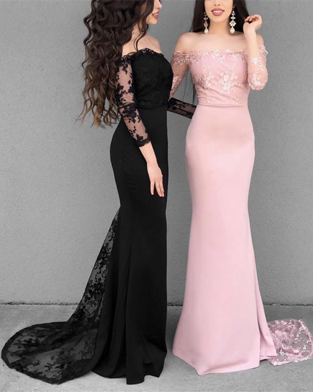 Off The Shoulder Long Sleeves Mermaid Prom Dresses Lace Appliques