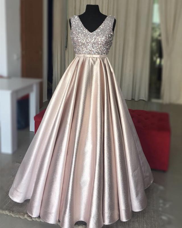 Luxurious Sequins V-neck Bow Sashes Prom Dresses Ball Gowns