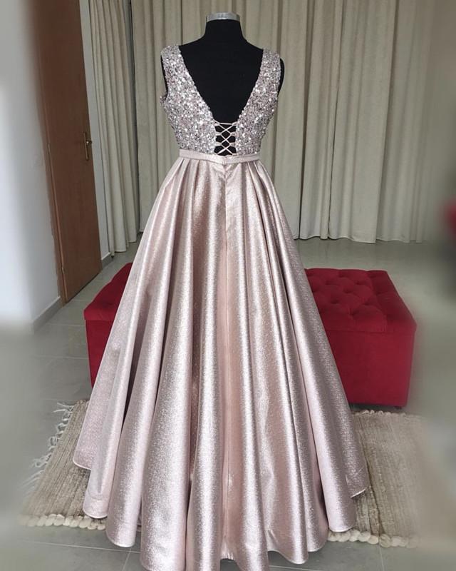 Luxurious Sequins V-neck Bow Sashes Prom Dresses Ball Gowns