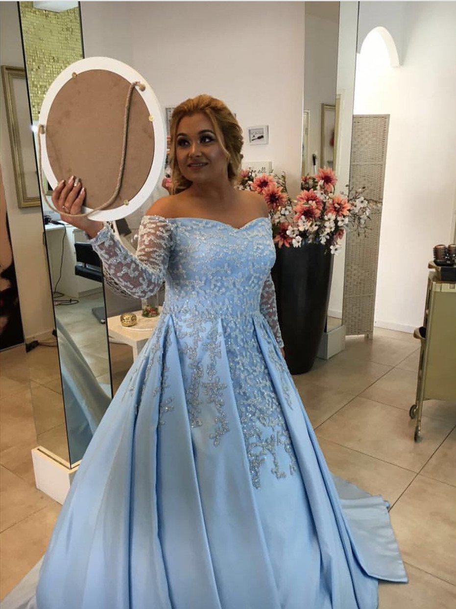 V Neck Off Shoulder Light Blue Satin Ball Gowns Evening Dress For Engagement Party