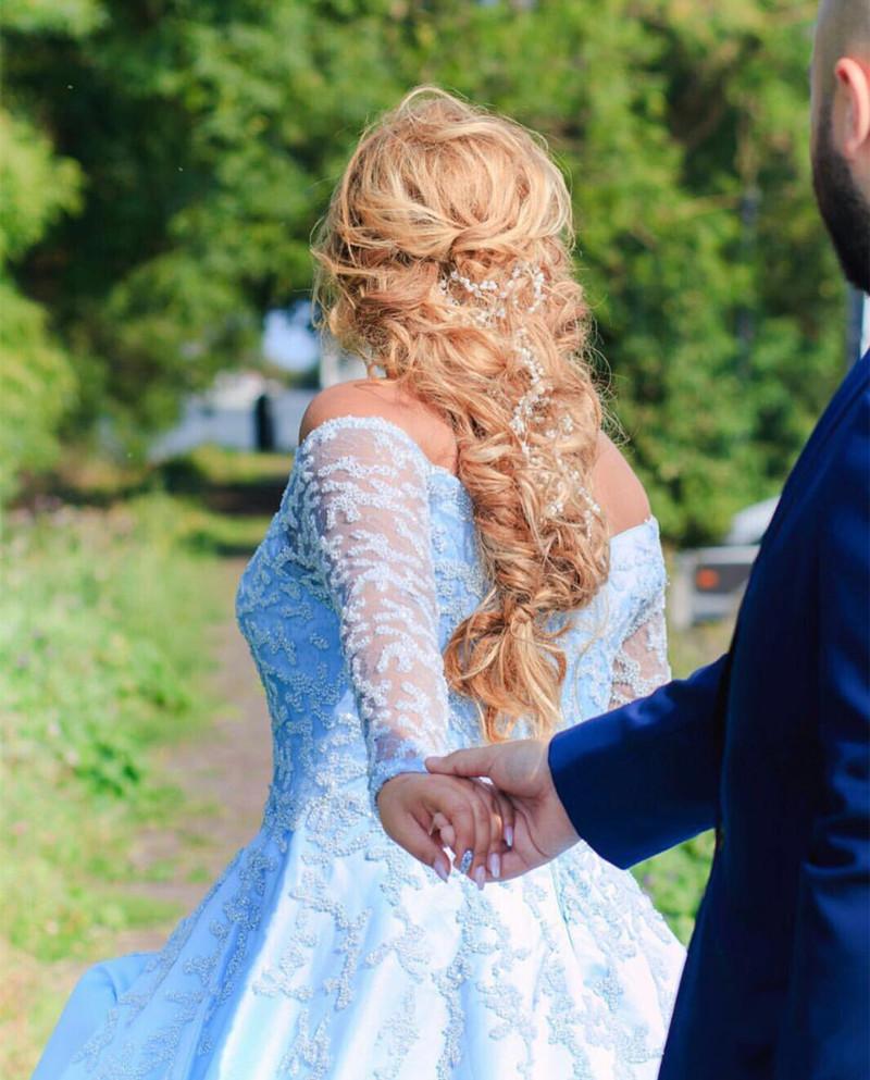 V Neck Off Shoulder Light Blue Satin Ball Gowns Evening Dress For Engagement Party