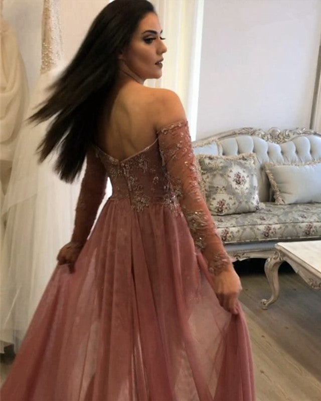 Long Sleeves V-neck Lace Prom Dresses Off Shoulder Evening Gowns