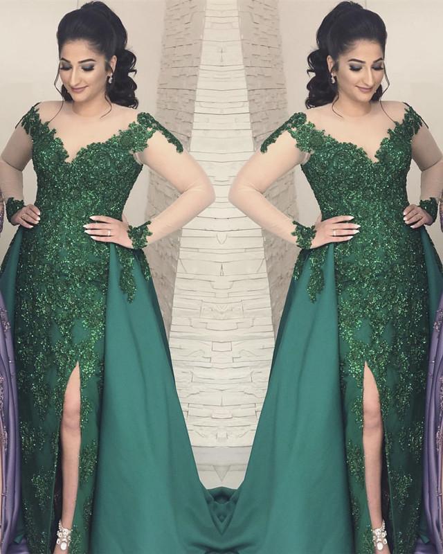 Sheer Long Sleeves Leg Slit Satin Mermaid Evening Dresses Lace Appliques