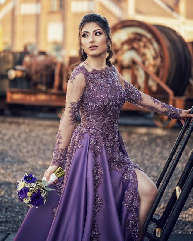 Lace Beaded Long Sleeves Evening Gown Split Satin Prom Dresses