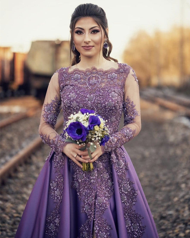 Lace Beaded Long Sleeves Evening Gown Split Satin Prom Dresses