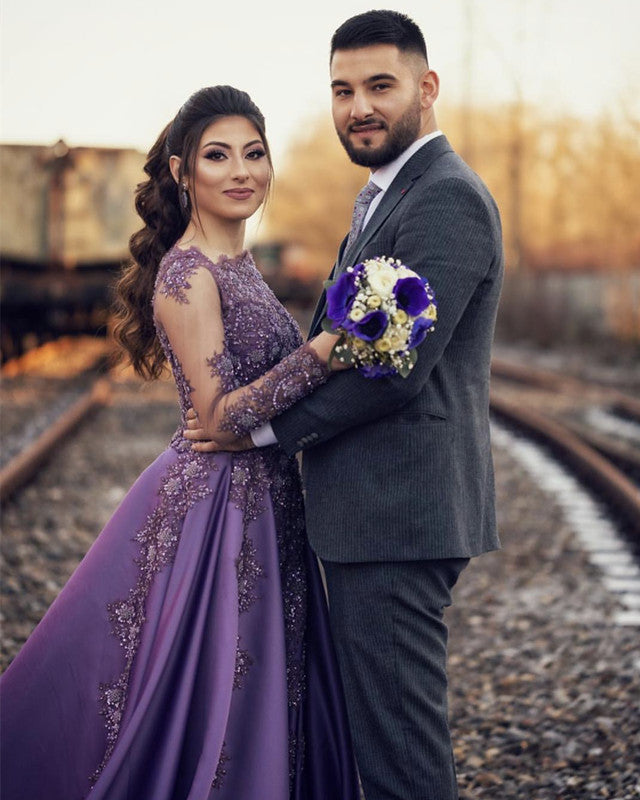 Lace Beaded Long Sleeves Evening Gown Split Satin Prom Dresses