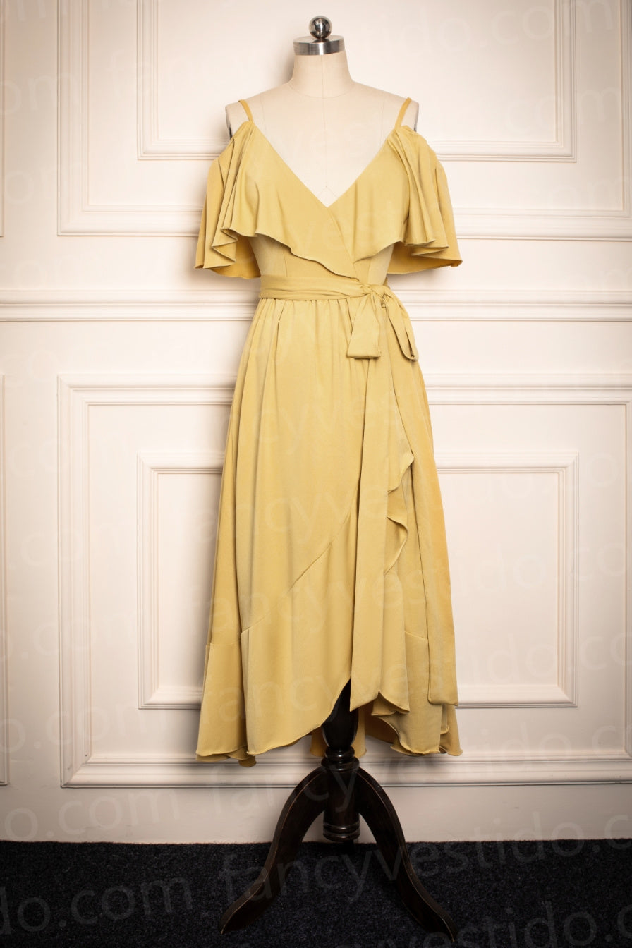 Ruffles Cold Sleeves Tea-Length Mustard Yellow Bridesmaid Dress