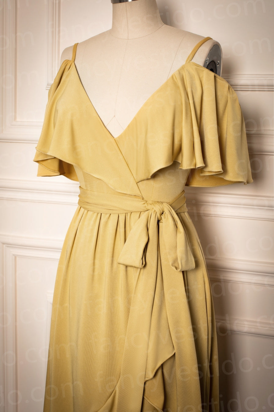 Ruffles Cold Sleeves Tea-Length Mustard Yellow Bridesmaid Dress