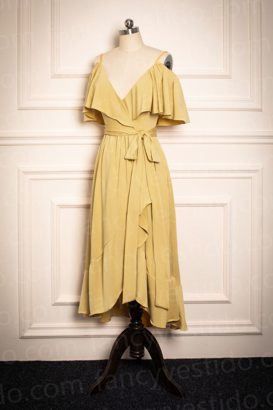 Ruffles Cold Sleeves Tea-Length Mustard Yellow Bridesmaid Dress