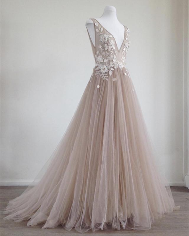 See Through Prom Dresses Tulle Embroidery Evening Gowns
