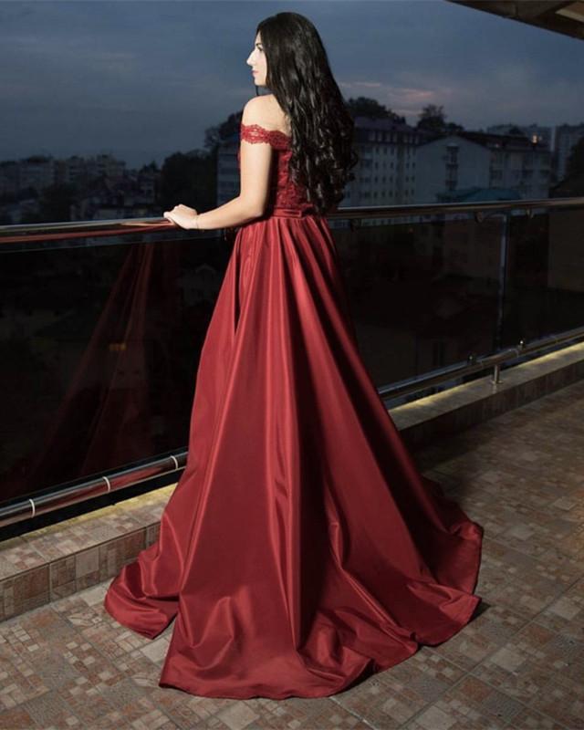 Sequins Lace Off Shoulder Long Satin Formal Prom Dresses