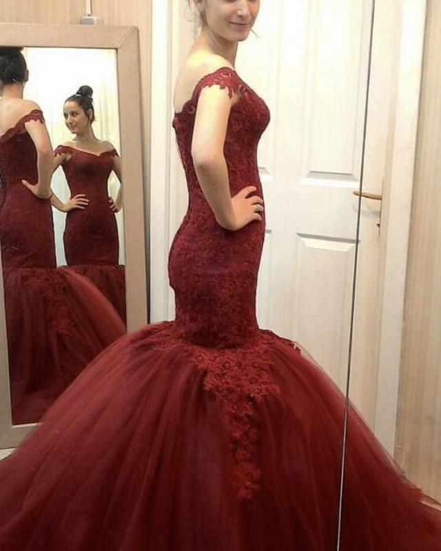 Mermaid V-neck Prom Dresses Lace Off Shoulder