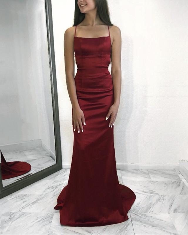 Sexy Spaghetti Straps Open Back Mermaid Prom Dresses