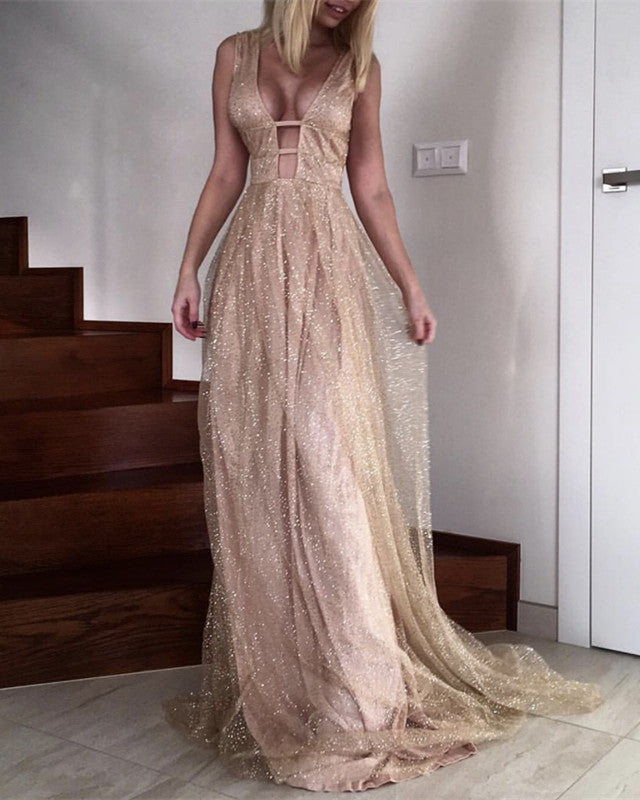 Sexy Plunge V-neck Long Sequins Prom Dresses