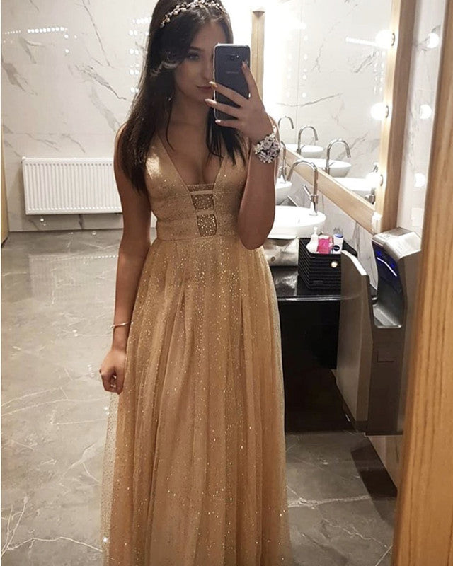 Sexy Plunge V-neck Long Sequins Prom Dresses