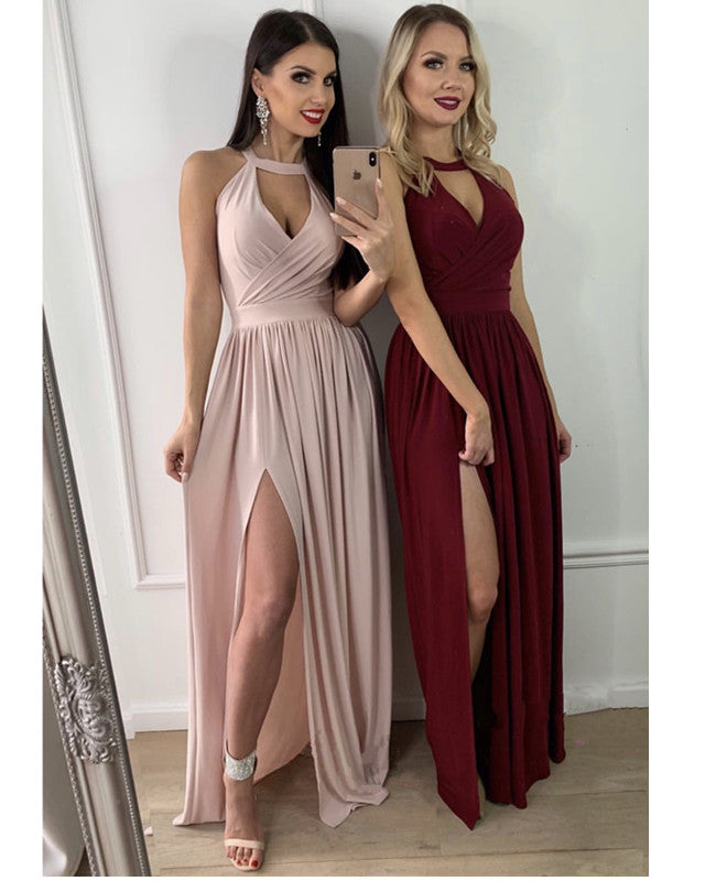 Sexy Halter Chiffon Long Split Prom Dresses
