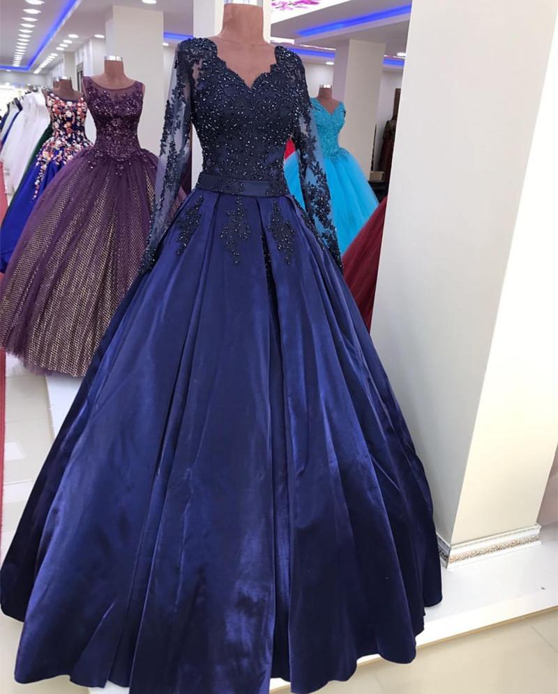 Navy Blue Satin Ball Gown Prom Dresses Lace Long Sleeves