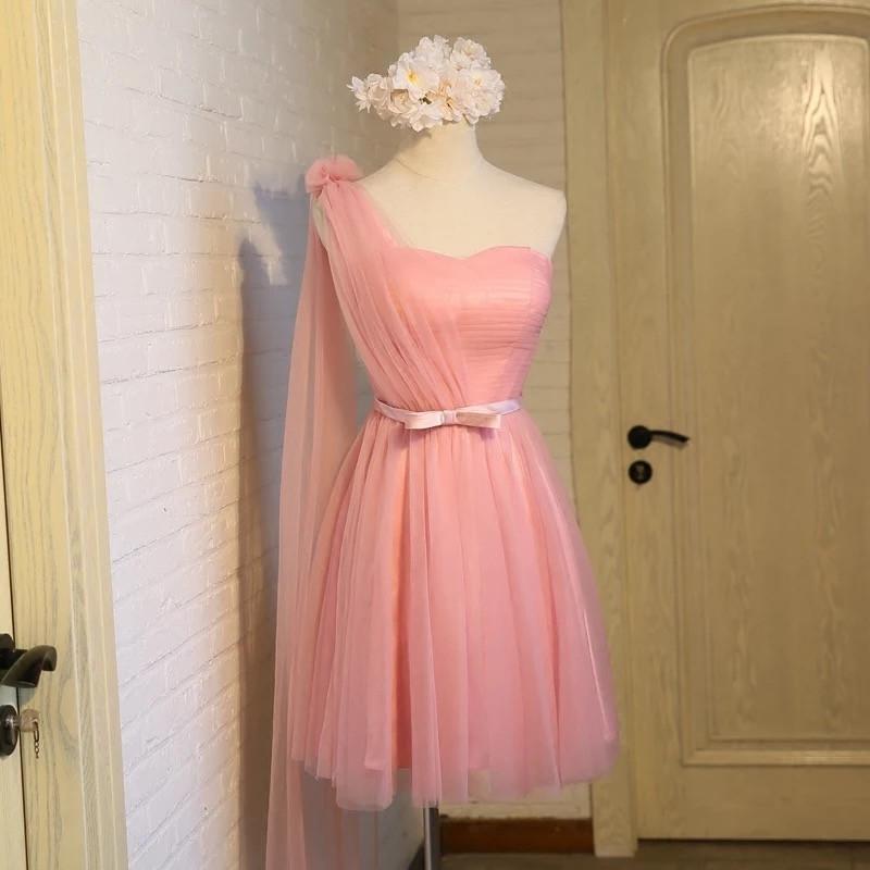 Short Pink Tulle Pleated Bridesmaid Dresses One Shoulder