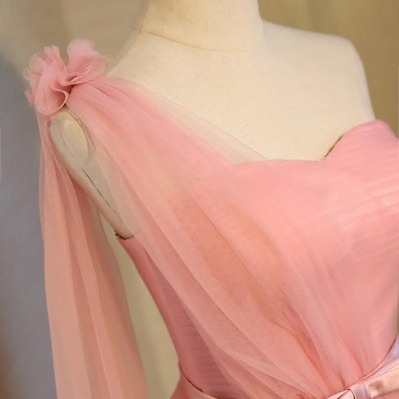 Short Pink Tulle Pleated Bridesmaid Dresses One Shoulder