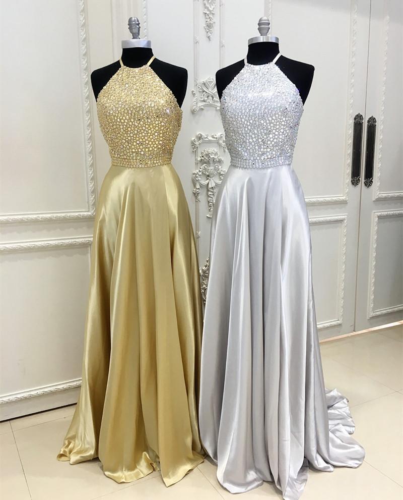 Sparkly Crystal Beaded Halter Long Satin Open Back Prom Dresses 2018