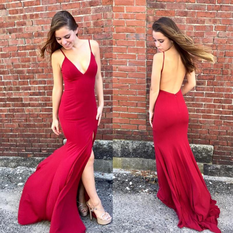 Sexy Deep V-neck Open Back Long Jersey Mermaid Evening Dresses 2018