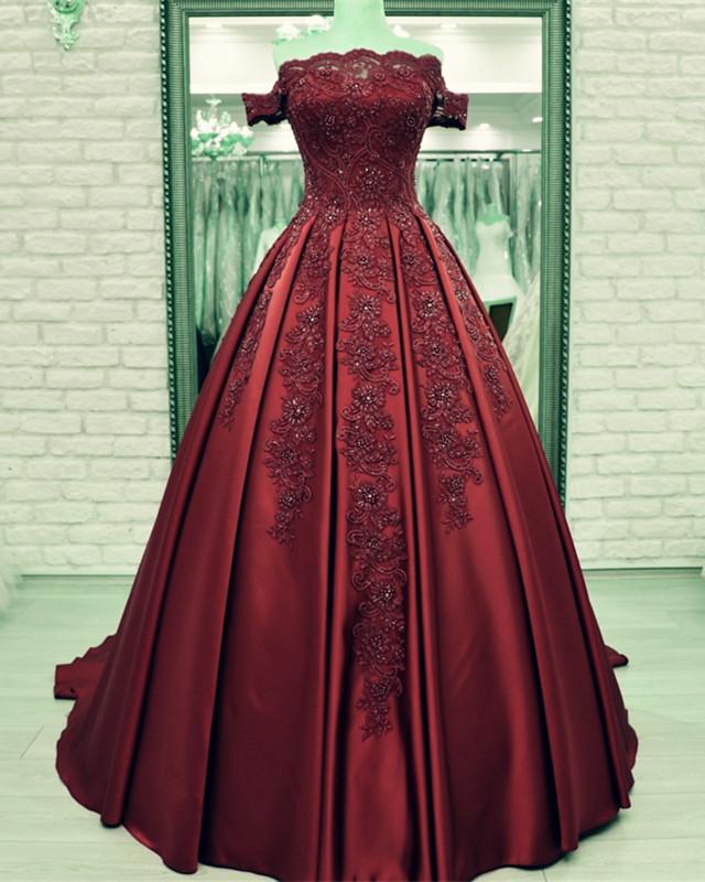 Off Shoulder Long Satin Evening Dresses Lace Embroidery