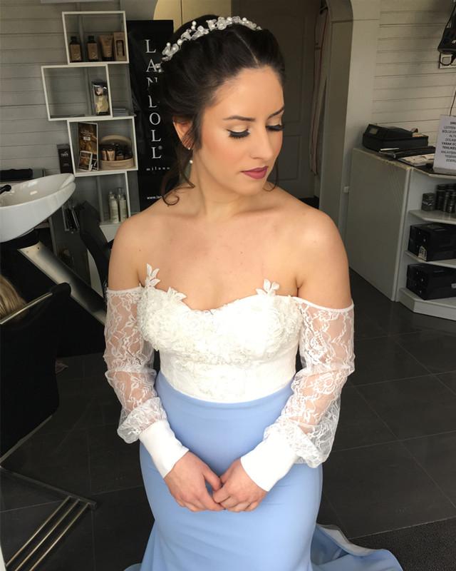 White Lace Long Sleeves Mermaid Evening Dress Off Shoulder Prom Dresses