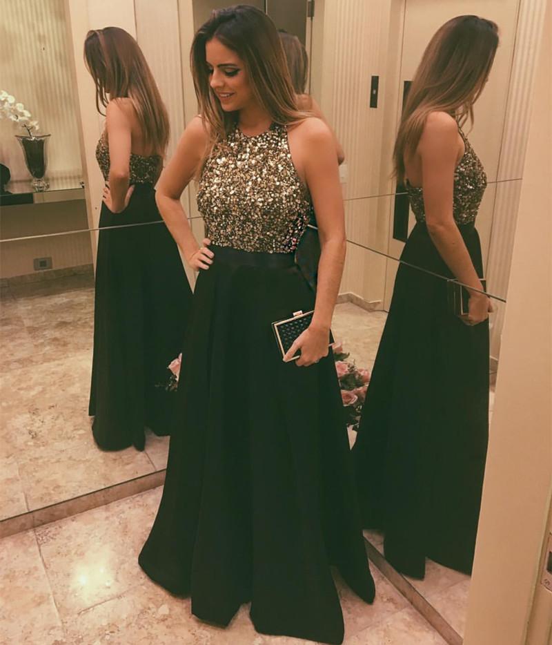 Stunning Sequins Beaded Halter Satin Prom Dresses Long Evening Gowns