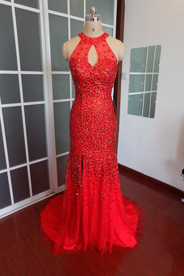 Luxurious Crystal Beaded Halter Mermaid Evening Dresses Leg Split Prom Gowns