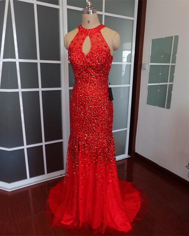 Luxurious Crystal Beaded Halter Mermaid Evening Dresses Leg Split Prom Gowns