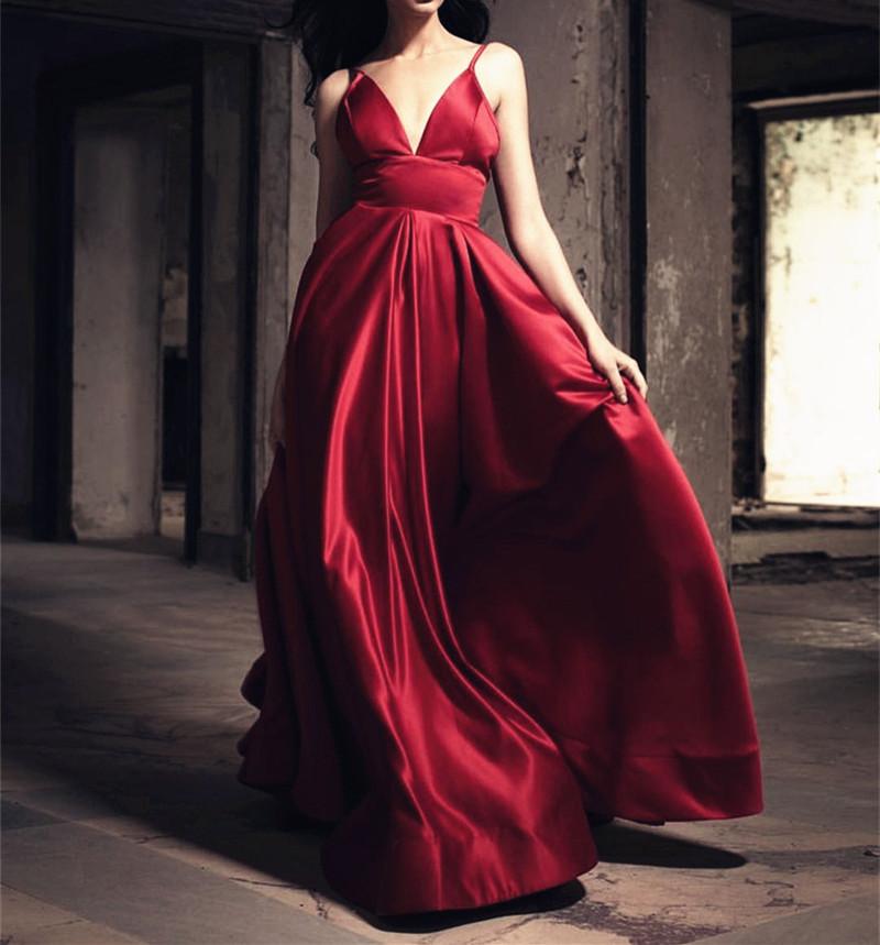 Sexy Long Satin V-neck Prom Dresses 2018 Evening Gowns