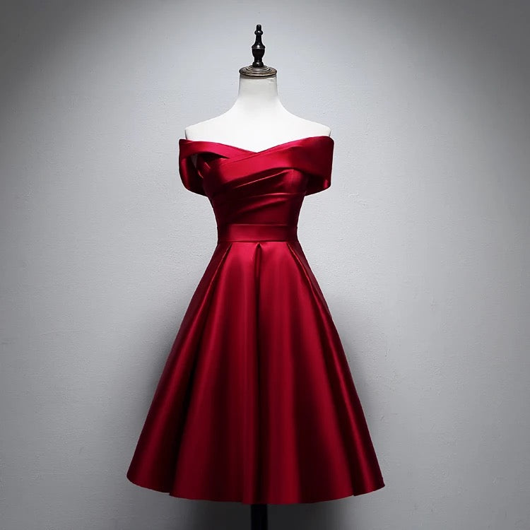 Elegant Off Shoulder Satin Knee Length Bridesmaid Dresses