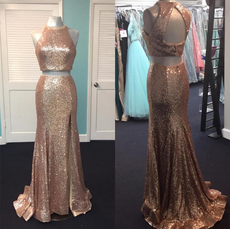 Rose Gold Sequin Two Piece Prom Dresses Mermaid Evening Gowns