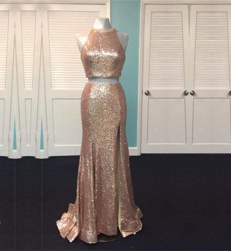 Rose Gold Sequin Two Piece Prom Dresses Mermaid Evening Gowns