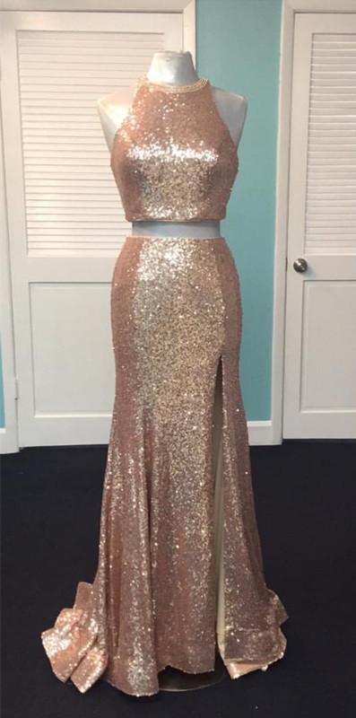 Rose Gold Sequin Two Piece Prom Dresses Mermaid Evening Gowns