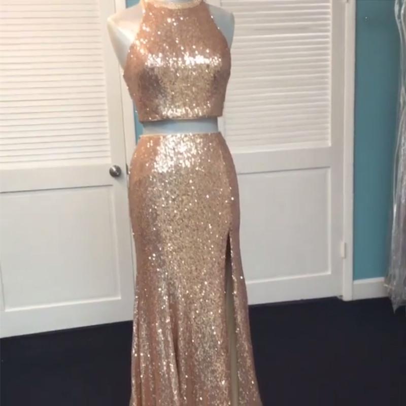 Rose Gold Sequin Two Piece Prom Dresses Mermaid Evening Gowns