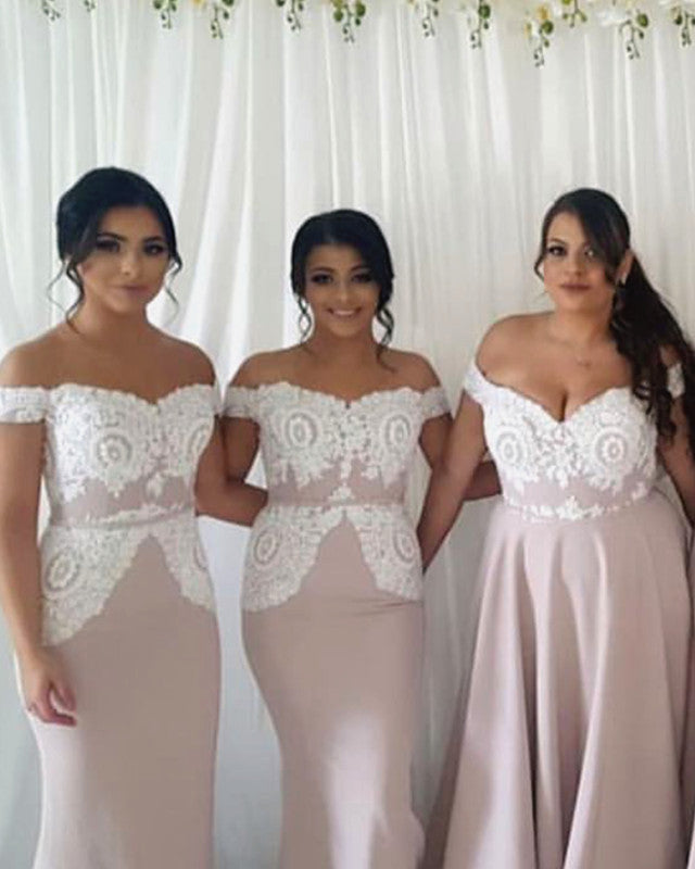 Elegant Lace Off The Shoulder Long Satin Bridesmaid Dresses