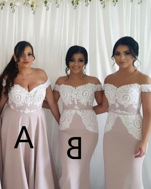 Elegant Lace Off The Shoulder Long Satin Bridesmaid Dresses