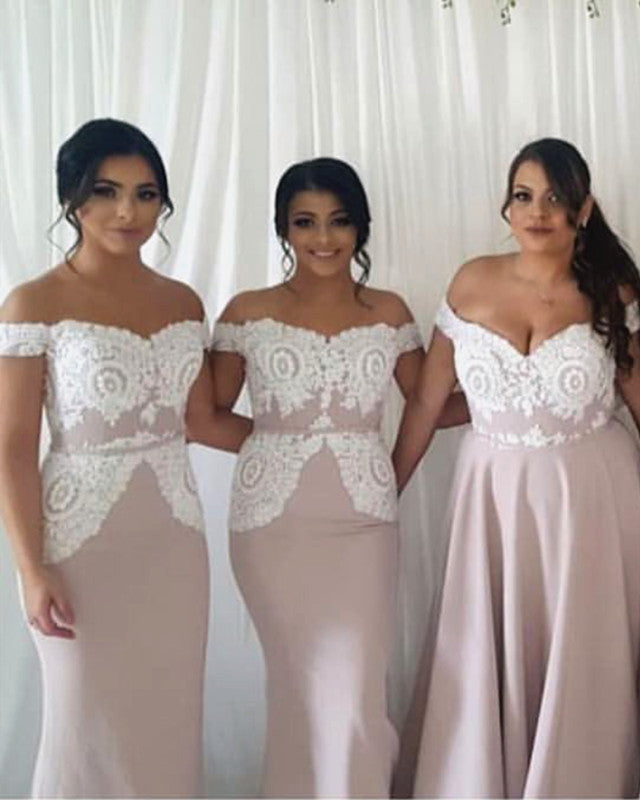 Elegant Lace Off The Shoulder Long Satin Bridesmaid Dresses