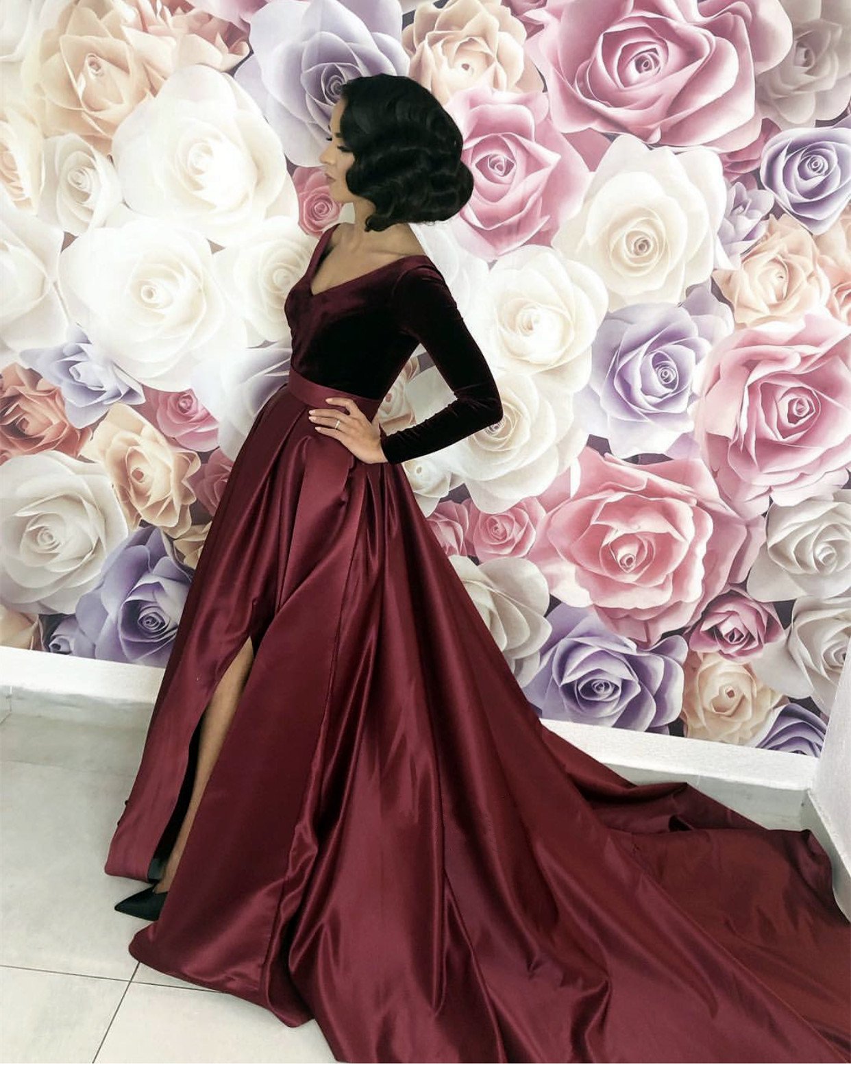 Velvet Long Sleeves Satin Prom Dresses Leg Slit Evening Gowns