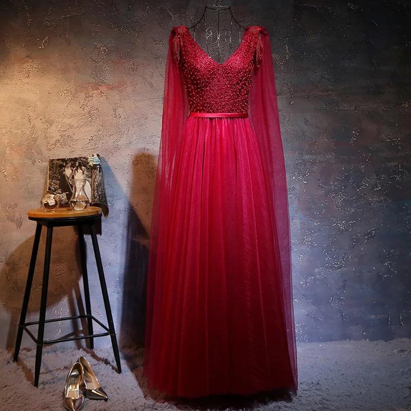 Love Pearl Beaded V Neck Long Burgundy Evening Dresses