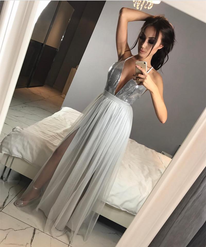 Sparkly Sequins Plunge V-neck Tulle Long Split Prom Dresses 2018