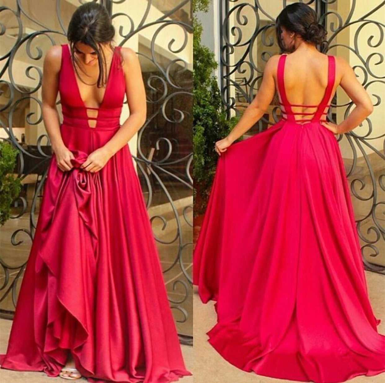 Sexy Plunge V-neck Long Satin Open Back Formal Dresses For Wedding Party