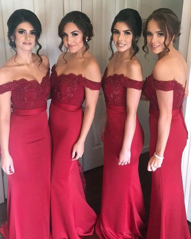 Off The Shoulder V-neck Long Mermaid Bridesmaid Dresses Lace Appliques