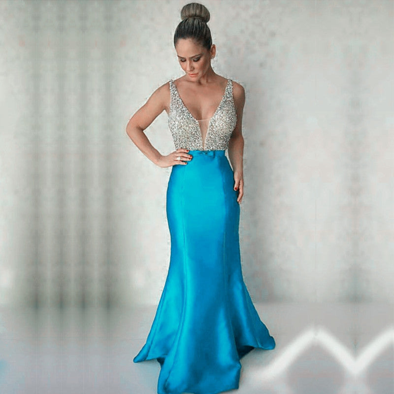 Gorgeous Beaded Long Satin V Neck Mermaid Evening Dresses