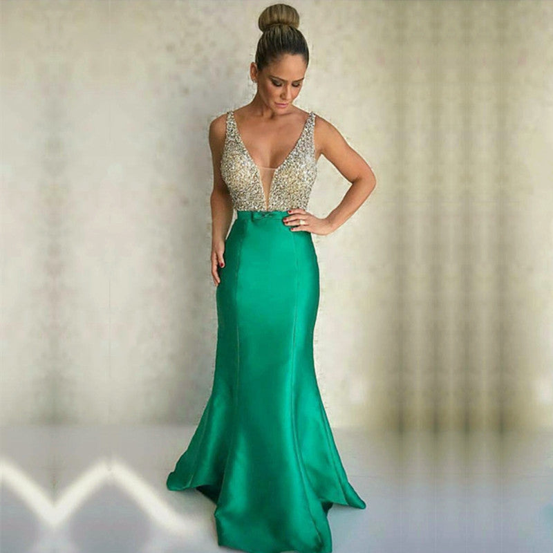 Gorgeous Beaded Long Satin V Neck Mermaid Evening Dresses