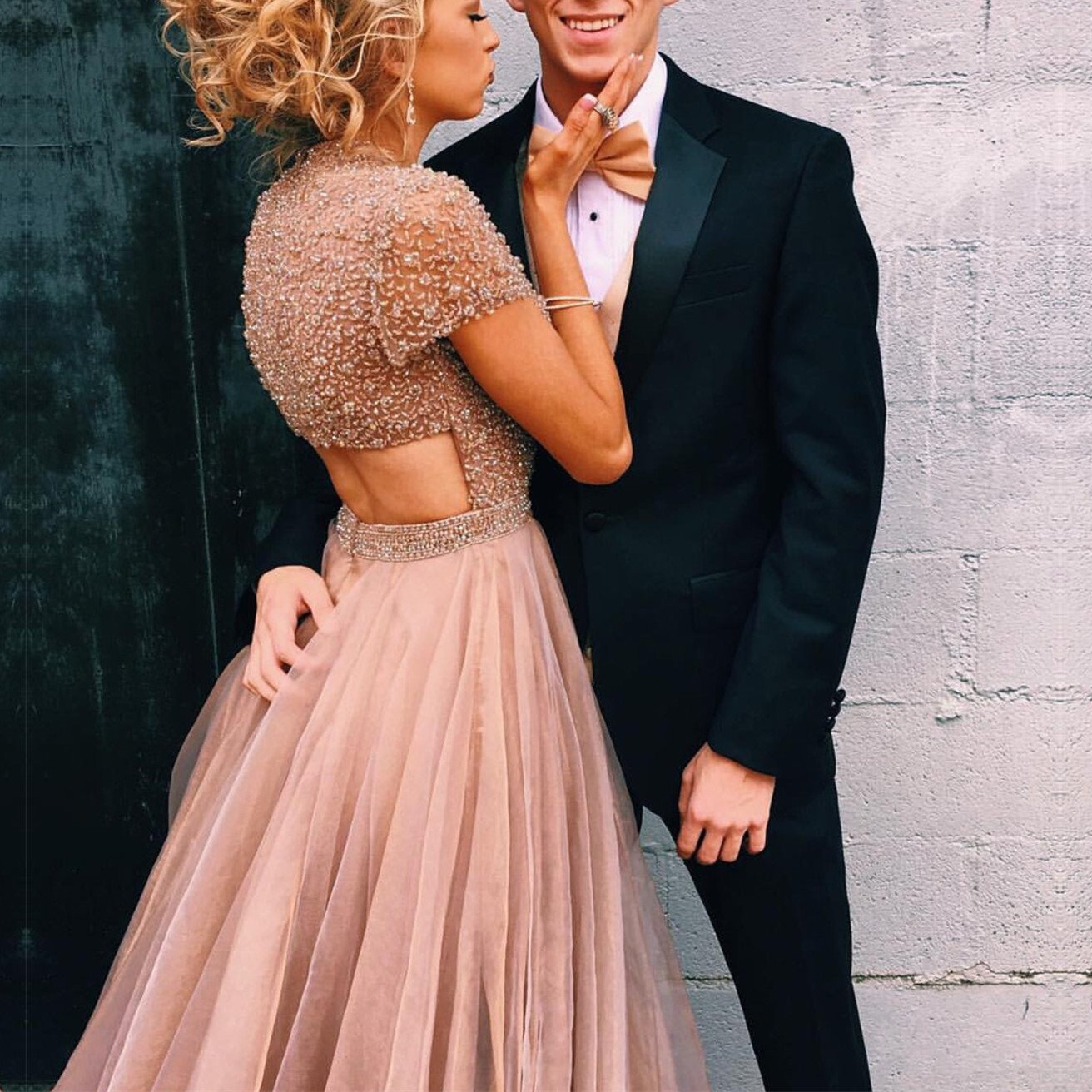 Stunning Beaded Cap Sleeves Open Back Champagne Prom Dresses 2017