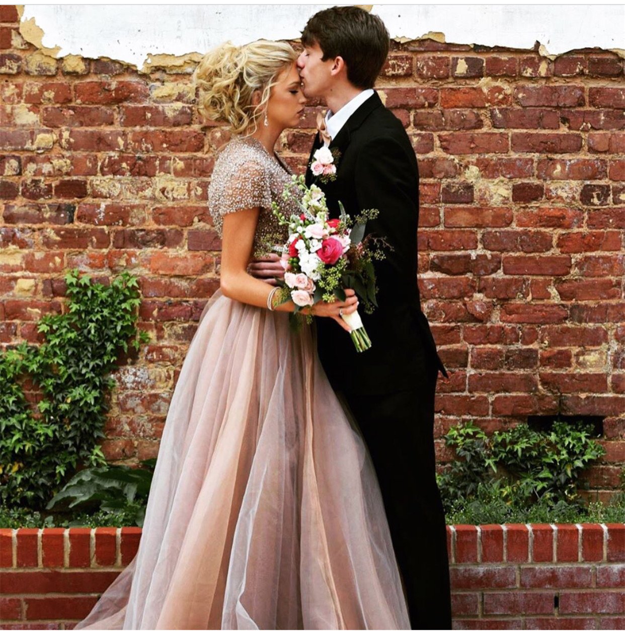 Stunning Beaded Cap Sleeves Open Back Champagne Prom Dresses 2017