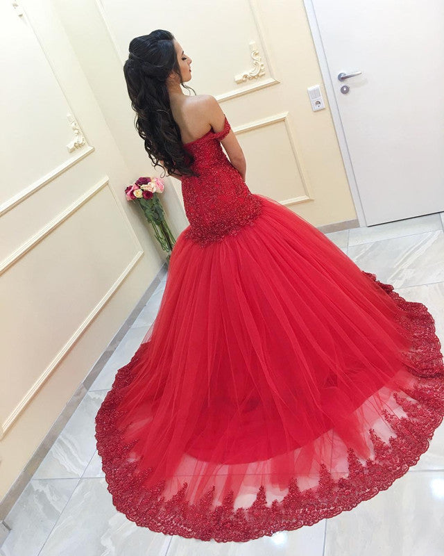 Beaded Lace Mermaid Evening Dress Off Shoulder Prom Gowns