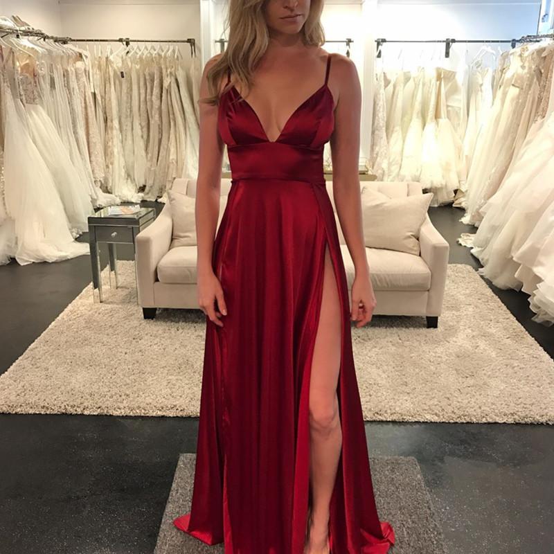 Sexy Deep V Neck Long Satin Burgundy Evening Dresses 2019